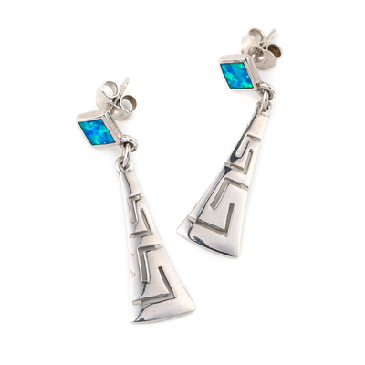 Retro Yunan Anahtar Kıvrımlı Gümüş Mavi Ateş Opal Dangle Küpe Kadınlar Için Yüksek Kaliteli Takı