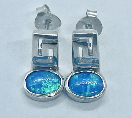 925 Greek Key Round Dangle Blue Lab Oluşturuldu Opal Küpeler 3.9 Gram Estate Vintage Kızlar İçin