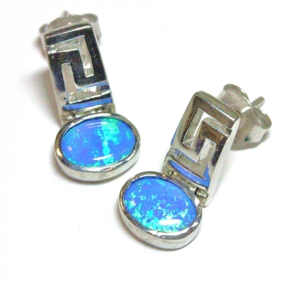 925 Greek Key Round Dangle Blue Lab Oluşturuldu Opal Küpeler 3.9 Gram Estate Vintage Kızlar İçin
