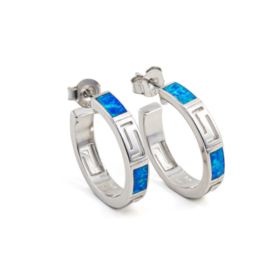 925 Greek Key Round Dangle Blue Lab Oluşturuldu Opal Küpeler 3.9 Gram Estate Vintage Kızlar İçin