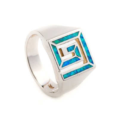 Kadınlar için Retro Fret Veya Greek Key Tasarım Kare Opal Yüzük