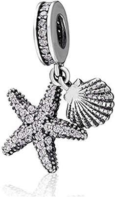 Tropikal Deniz Yıldızı ve Deniz Kabuğu Askılı Charm - 925 Ayar Gümüş Boncuk - Avrupa Stili Boncuk Charm Bileklik