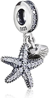 Tropikal Deniz Yıldızı ve Deniz Kabuğu Askılı Charm - 925 Ayar Gümüş Boncuk - Avrupa Stili Boncuk Charm Bileklik