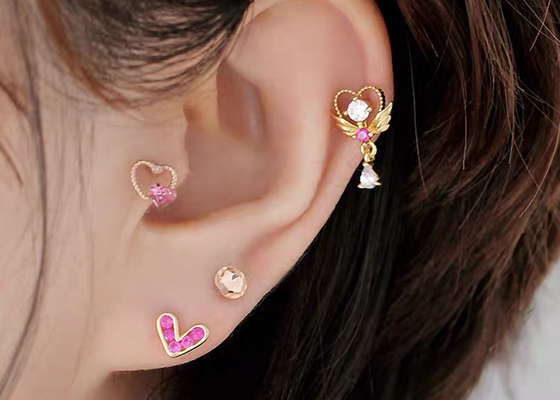0.126ct 14k Altın Pırlanta Kıkırdak Küpeler, 14pcs Piercing sarmal küpeler OEM