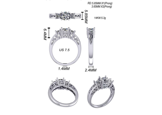 0.8ct 14k Som Altın Mücevherat, Prong Ayarı RD5.85mm Pırlanta Üç Taş Yüzük