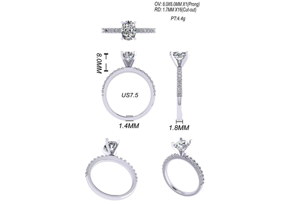 Yuvarlak Kesim 1.5 Karat Oval Pırlanta Yüzük 2.45g Ağırlık OV8 × 6MM Nişan İçin Boyut