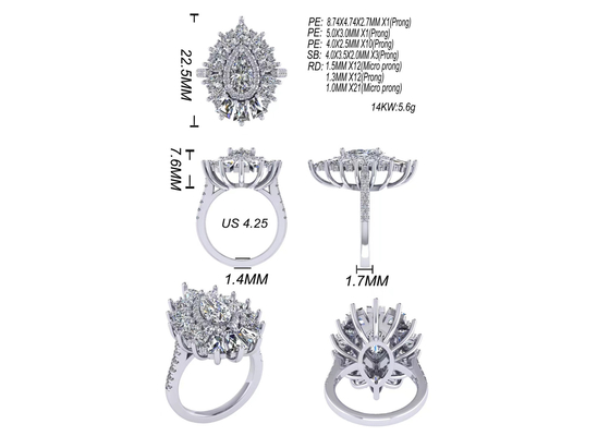 1.5ct 49pcs Klasik Halo Pırlanta Alyans Beyaz Altın Renk Kaplama ODM