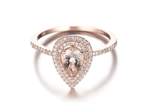 Armut Kesim Çift Halo Morganit Nişan Yüzüğü 6×9MM 0.79ct Ağırlık ODM