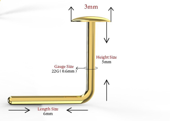 L Şekli 18K Altın Burun Piercing Düğmesi Stili Kadınlar İçin 6mm + 5mm Uzunluk