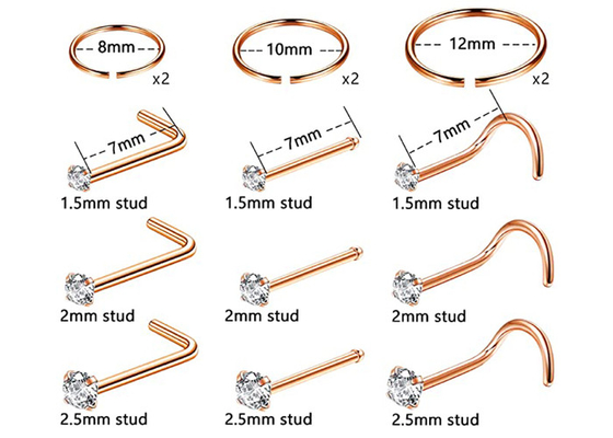 ODM 18k Rose Gold Burun Yüzük, 1.5-2.5mm Doğal Pırlantalı Burun Piercing Pimi
