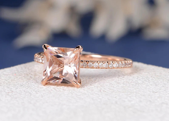 Morganite Gerçek Pırlanta Yüzük Prenses Kesim 6×6mm Ebat