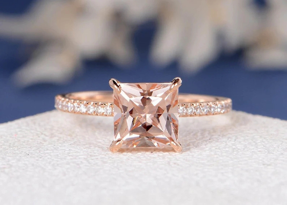 Morganite Gerçek Pırlanta Yüzük Prenses Kesim 6×6mm Ebat
