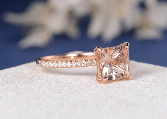 Morganite Gerçek Pırlanta Yüzük Prenses Kesim 6×6mm Ebat