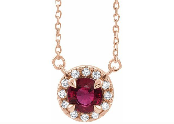 14K Altın Doğal Yakut Kolye Kolye 0.6ct 5mm Halo Taşlı Yuvarlak Kesim